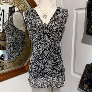 VTG Y2K Marisol Black White Paisley Twist Front Opalescent Sequin Sleeveless Top